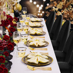 bUCLA 300PCS Black and Gold Disposable Dinnerware Set - 50 Guests Black Plastic Plates with Gold Rim Include 50 Dinner / 50 Dessert Plates, 50 Forks,50 Knives,50 Spoons&50 Cups for Party&New Year