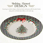 Spode Christmas Tree 2024 Annual Collector Plate - Exclusive Border with Red Ribbon & Black Check, Seasonal Display or Holiday Tableware Use, 8" Porcelain - Great Holiday Gift