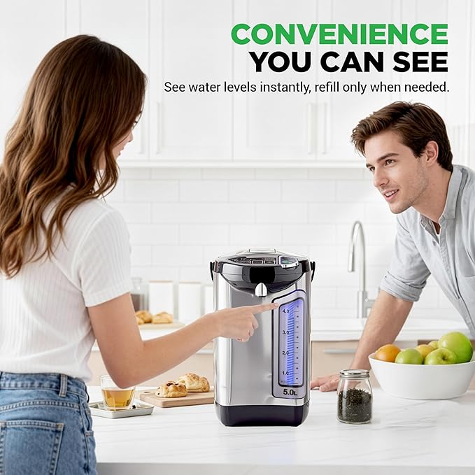 NutriChef Electric Water Boiler and Warmer - 5L/5.28 Qt Stainless Steel Hot Water Dispenser w/Rotating Base, Keep Warm Temperature Set, Auto Shut Off, Safety Lock, Instant Heating for Coffee & Tea