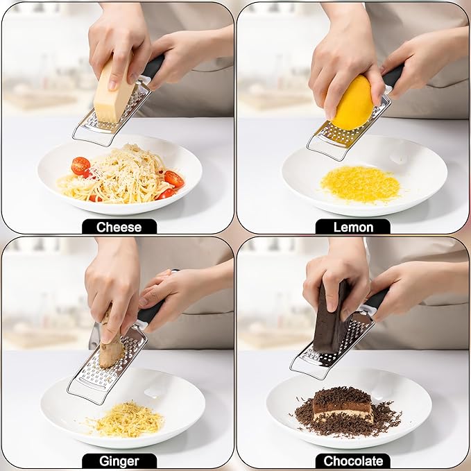 Rainspire Professional Cheese Graters for Kitchen Stainless Steel Handheld, Metal Lemon Zester Grater With Handle For Cheese, Chocolate, Spices, Kitchen Gadgets And Tools, Soft Grip Handle, Black