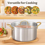 BEZIA Large 10 Quart Tri-Ply Stainless Steel Stock Pot, Nonstick Soup Pot With Lid, Sturdy & Double Handle, Induction Stockpot for All Stoves, Large Cooking Pot for Catering, Groups, Events, Silver