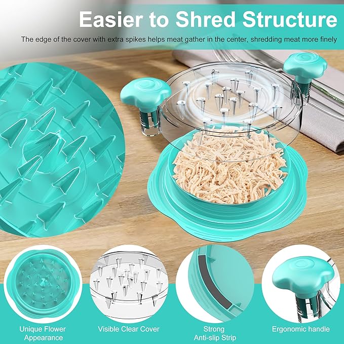 Chicken Shredder Large Chicken Breast Shredder Tool Twist with Brush&Fork, Visible Meat Shredder Machine, Anti-Slip Strip, Ergonomic Handle, BPA Free, Pork Beef Chicken(Mint Green)