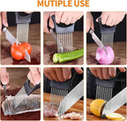 2PCS Onion Holder for Slicing, Upgraded Stainless Steel Onion Slicer Holder with Ergonomic Handle, Tomato Cutter, Vegetable Slicing Tool, Meat Tenderizer, Kitchen Food Cutting Gadget