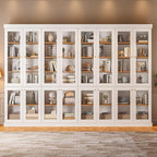70.8" Bookshelf with Glass Doors, Farmhouse Modular Bookcase with 6-Tier Adjustable Shelves, Large Storage Cabinet for Living Room & Home Office, White