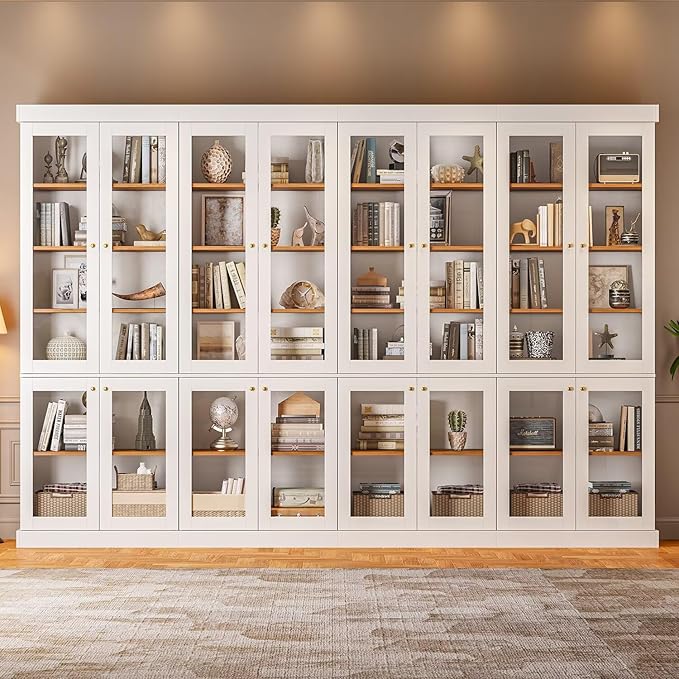 70.8" Bookshelf with Glass Doors, Farmhouse Modular Bookcase with 6-Tier Adjustable Shelves, Large Storage Cabinet for Living Room & Home Office, Set of 2, White