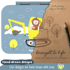 BEARFOOT Kids Lunch Box with Compartments – Compact & Lightweight | Leak-Proof, BPA-Free, Dishwasher & Microwave Safe | Hand-Drawn Design for Preschool, School, Travel (Excavator Monkey Blue, 4 Cups)