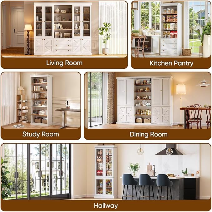70.8" Bookshelf with Glass Doors, Farmhouse Modular Bookcase with 6-Tier Adjustable Shelves, Large Storage Cabinet for Living Room & Home Office, Set of 2, White