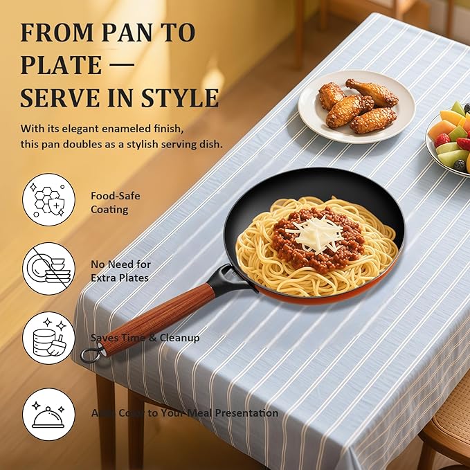 YUTANN 10 Inch Nonstick Cast Iron Pan - Pre-Seasoned Skillet with Oil-Saving Diamond Textured, Removable Acacia Wood Handle, Compatible with All Stovetops & Oven