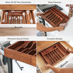 KitchenEdge Premium Silverware, Flatware and Utensil Organizer for Kitchen Drawers, Food-Safe Contract Grade, Expandable from 18 to 33 In, Natural Acacia