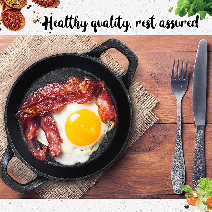 Mini Cast Iron Skillets 6.3 x 6.3 x 1.5 Inch Cast Iron Pan Small Ramekin Set Black Casserole Dish Cookware Oven Safe Mini Skillets for Kitchen Indoor Outdoor Picnic (2 Pack)