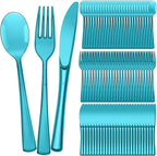 Minatee 150 Pieces Disposable Cutlery Set Plastic Silverware Heavy Duty Utensil Sets 50 Forks 50 Knives 50 Spoons for Home Office School Party Picnics Restaurant Outdoor Events(Peacock Blue)