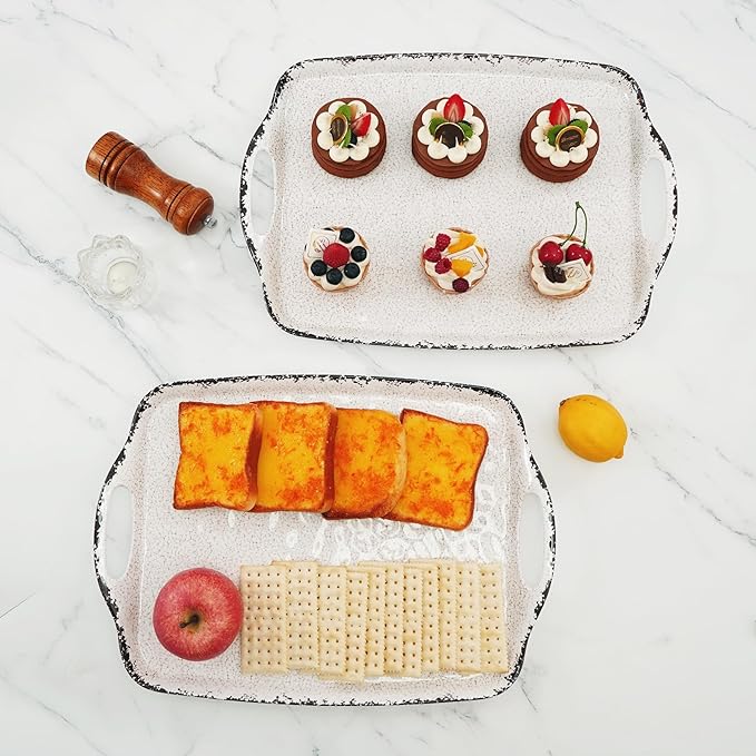 TP Serving Trays with Handles, 17 x 12 Inch Melamine Serving Platters for Food, Meat, Set of 2 Rectangular Trays for Eating, Rustic White