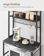 VASAGLE Hutch Bakers Rack with Power Outlet, 14 Hooks Microwave Stand, Adjustable Coffee Bar with Metal Wire Panel, Kitchen Storage Shelf, 15.7 x 31.5 x 66.9 Inches, Charcoal Gray and Ink Black