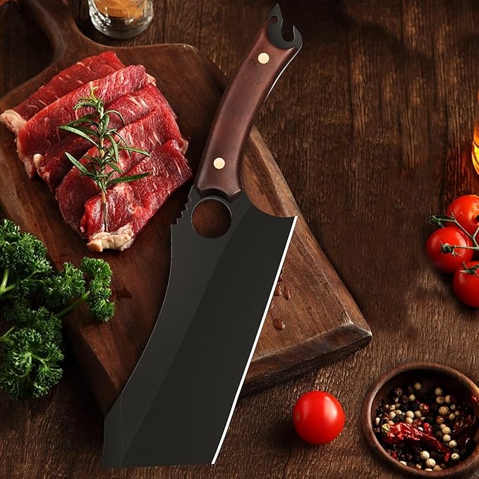 Dream Reach Meat Cleaver, 6.9 inch Black Boning Knife, High Carbon Steel Sharp Kitchen Forged In Fire Knife with Sheath Gift Box Bottle Opener for Outdoor Camping