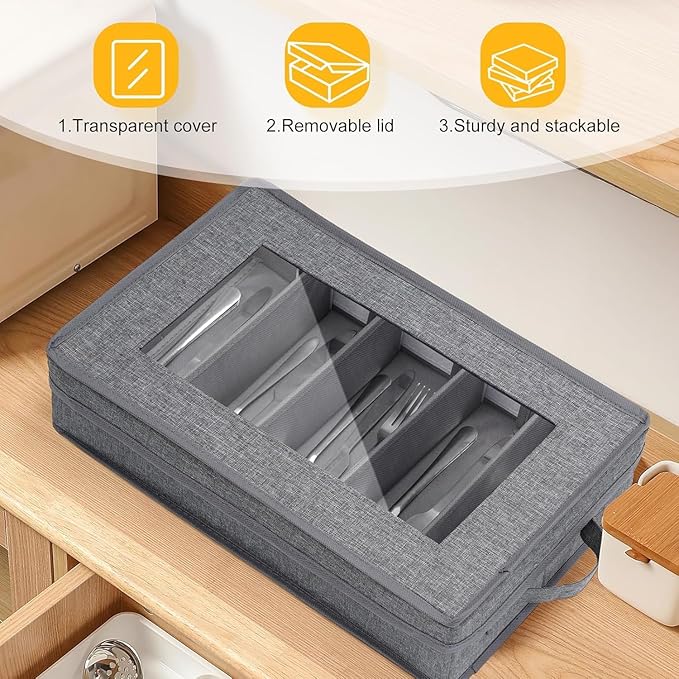 Silverware Storage Box 2 Pack, Flatware Storage, Utensil Storage with Removable Lid and Adjustable Dividers for Organizer Utensils, Cutlery, Flatware, Knives, Large Capacity Gray