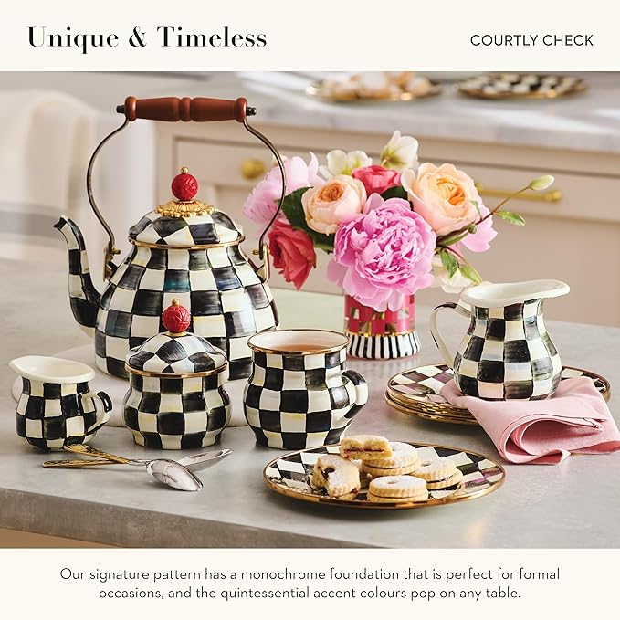 MACKENZIE-CHILDS Enamel Tea Kettle, Stylish Tea Kettle for Stovetop, Black-and-White Courtly Check, 3 Quarts