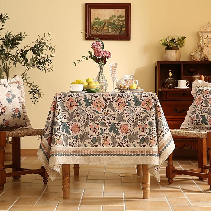 ISAENNE Designer Boho Floral Extra Long Tablecloth Rectangle,Linen Lotus Flower Pattern Colorful Table Cloth,Durable Decor Tablecloths for Dining Thanksgiving Kitchen Christmas,63"*110"-Hazel A