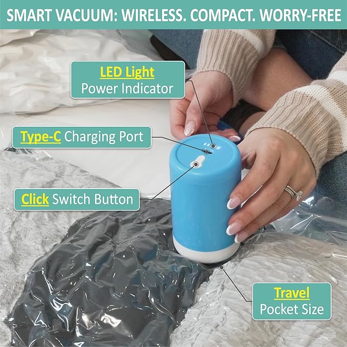 Cozy Essential Travel Vacuum Clothes Bags with Rechargeable Electric Pump for Luggage, Suitcase, Vacuum Seal Compression Space Saver Bags for Clothing, 8 Pack