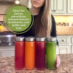 Juice Bottles - 4 Pack Wide Mouth Glass Bottles with Lids - for Juicing, Smoothies, Infused Water, Beverage Storage - 16oz, BPA Free, Stainless Steel Lids, Leakproof, Reusable, Borosilicate