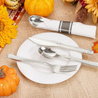 WELLIFE 50 Pack Silver Plastic Silverware with Pre Rolled Napkins,Wrapped Silverware Set Disposable,Includes:50 Forks, 50 Knives, 50 Spoons, 50 Napkins,Utensils Plastic Disposable
