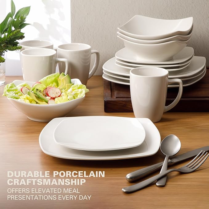 Gibson Home Zen Buffet Porcelain Chip and Scratch Resistant Dinnerware Plates, Bowls, and Mugs Set, Service for 4 (16pcs), White (Square Dishes)