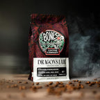 Bones Coffee Company Dragon's Lair, Smokey, Cacao and Caramelized Sugar Notes, Unflavored Coffee, Medium Roast Low Acid Arabica Beans Compatible with Auto drip and French Press Coffee Maker, 12 Oz Whole Bean