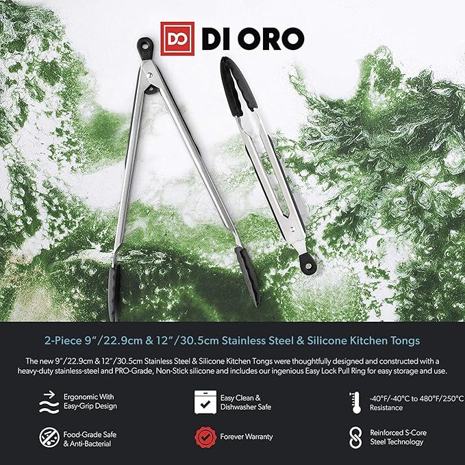 DI ORO Silicone Tongs for Cooking - Heat-Resistant Kitchen Tongs for Cooking with Silicone Tips - Small 9" & Large 12" for Nonstick Cookware - Stainless Steel Rubber Tipped (2pc, Black)