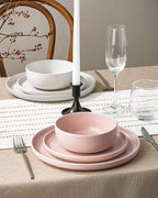 Famiware Milkyway Plates and Bowls Sets, 12 Pieces Dinnerware Sets, Reactive Glaze Dish Set, Stoneware Dishes Set for 4, Matte Beige White & Light Pink