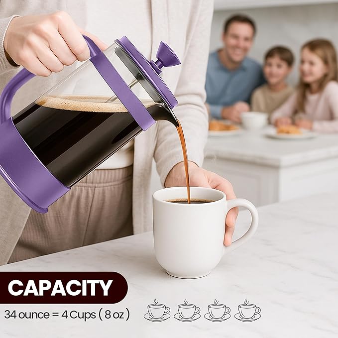 Utopia Kitchen 34 Ounce 1 Liter French Press Coffee Maker, Tea Maker, Travel Coffee Presses, Heat Resistant Thickened Borosilicate Coffee Pot for Camping Travel Gifts, Plum Pack of 1