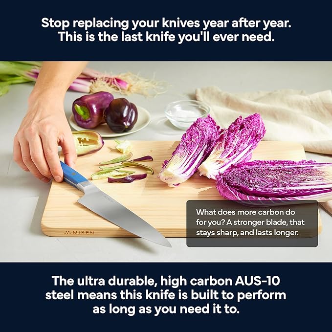 Misen 8" Chef Knife – High Carbon Japanese AUS-10 Stainless Steel – Hybrid German & Japanese Blade – Precision Kitchen Knife for Professionals & Home Cooks – Ultimate Cutting Performance - Blue