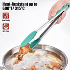 Doosu Kitchen Tongs for Cooking - 600°F Heat Resistant Food Tong Set with Non-Scratch Silicone Tips, Heavy Duty Stainless Steel Locking Tong for BBQ, Grilling Steak, Serving Salad (9+12in, Aqua Sky)