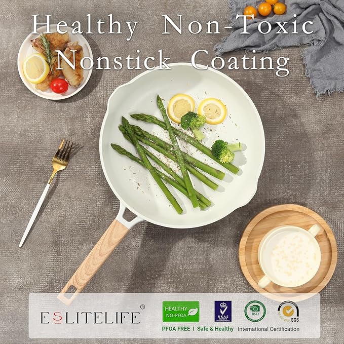 ESLITE LIFE Frying Pans Set Nonstick Skillets Set Egg Omelette Pans, Healthy Ceramic Coating Cookware Chef's Pan, Compatible with All Stovetops (Gas, Electric & Induction), PFOA Free (White,4-Piece)