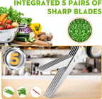 Herb Scissors Set - Updated 2025 Cool Kitchen Gadgets for Cutting Fresh Garden Herbs - Herb Cutter Shears with 5 Blades and Cover, Sharp and Anti-rust Stainless Steel, Dishwasher Safe (Black-White)