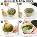 Matcha Bowl and Tea Whisk Set, 7-Piece Collection: 19-ounce ceramic bowl, whisk stand, bamboo scoop with scoop holder, tea strainer, and tea towel. Complete matcha ceremony set.