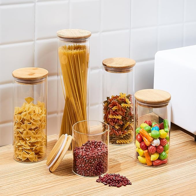 Glass Food Storage Jars, Glass Jars with Bamboo Lids, Kitchen Storage Jars, Canisters with Airtight Lids for Spice, Coffee, Cookie, Set of 7, Pantry Organizers