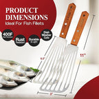 Fish Spatula Stainless Steel 2 Slotted Fish Spatulas for Nonstick Cookware - Elegant Silver Finish Turner Spatula with Ergonomic Wooden Grip Size 11” Blade Ideal for Home and Professional Chefs