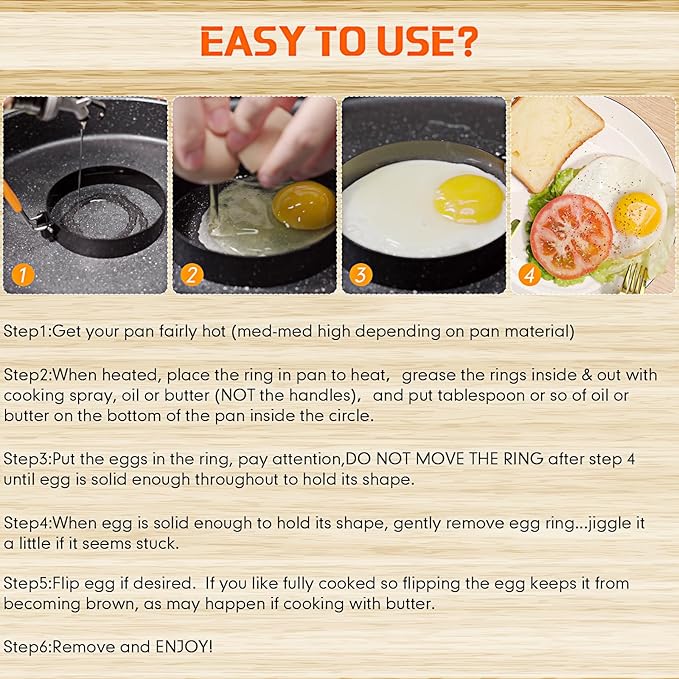 Patelai 6 Pcs Professional Egg Ring Pancake Ring Set Stainless Steel Fried Egg Molds Griddle Pancake Shapers with Orange Silicone Handle for Breakfast Omelette Sandwich(4, 6 Inch)