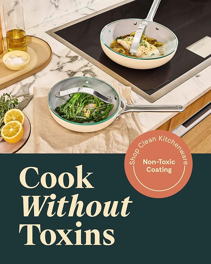Caraway Ceramic Nonstick Fry Pan Set with Glass Lids – Includes Two 10.5” Fry Pans, One 8” Fry Pan, & Three Lids - Non Toxic, PTFE & PFOA Free - Oven Safe & Compatible with All Stovetops - White