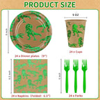 DYLIVeS Green Foil Dinosaur Birthday Party Decorations, Rawr Dinosaur Disposable Tableware Set with 9'' Dinner Plates, Napkins, Cups, Forks - Serves 24