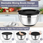 TeamFar Mixing Bowls, 6 PCS Stainless Steel Nesting Salad Bowl with Lids & 3 Graters, For Kitchen Cooking Serving Prepping, Airtight & Non-Slip, Size 4.6/3.5/2/1.5/1/0.7 QT, Black