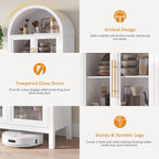 Arched Kitchen Pantry Cabinet with Glass Doors, Display Curio Case with 3 Color LED Lights for Collectibles, Modern 5-Tier Storage Hutch Cabinet for Kitchen, Dining Room, White