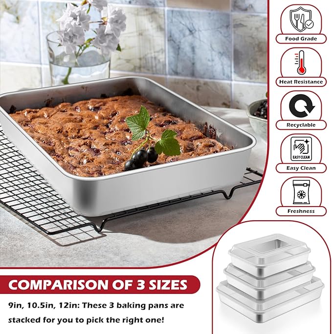 Leonyo Lasagna Pan with Lid, 10.5 x 8 x 2 Inch Rectangular Cake Pan with Lid, Stainless Steel Baking Sheet Brownies Casseroles Deep Tray for Toaster Oven, Focaccia, Fish, Chicken