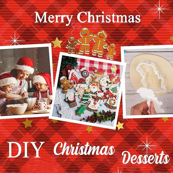 Flycalf Christmas Cookie Cutters with Plunger Stamps Gingerbread House Shapes Fall Holiday PLA Baking Accessories Cutter Molds Gifts for Kids Decorative Party 3.5" Kitchen Cake Supplies