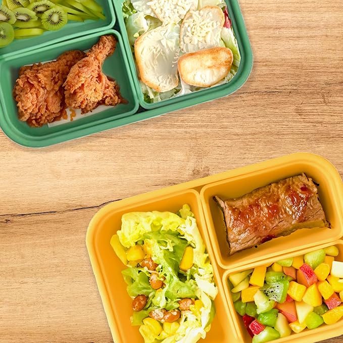 Platinum Silicone Bento Lunch Box Set of 2 – 3 Compartments, Leakproof, Versatile, Durable, Microwave & Freezer Safe, Meal Prep, Food Storage for All Ages (Watermelon Green & Gold Honey)