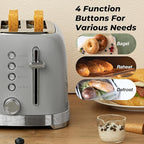 Toaster 2 Slice Retro Stainless Steel with 1.5” Extra Wide Slots Bagel, Defrost, Reheat, Cancel Functions, 6 Bread Shade Settings, Removable Crumb Tray, Gray