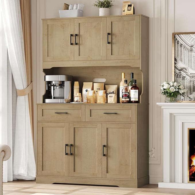 FACBOTALL Tall Kitchen Pantry Cabinet, Farmhouse Food Pantry Cabinet with Doors and Adjustable Shelves, Kitchen Hutch with Countertop and Microwave Stand for Dining Room, Living Room, Oak Color