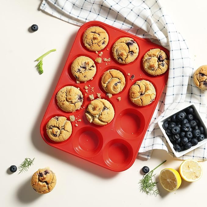 2 Pack 12 Cups Silicone Muffin Pan with Metal Reinforced Frame Regular Size Silicone Molds Cupcake Cake Baking Pans Cookie Baking Chocoflan Cupcake Mold Nonstick Muffin Tin Home Baking Supplies