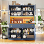 FINETONES 71" Pantry Cabinet with LED Light and Charging Station, Farmhouse Kitchen Pantry Cabinet with Microwave Stand, 47.2" Wide Kitchen Hutch Food Pantry with Open Countertop, Blue