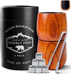 Premium Charred Wooden Whiskey Bourbon Drinking Glasses | Whisky Gifts for Men, Dad, or Brother | Handcrafted Old Fashioned Glasses Tumblers with 6 Stainless Steel Ice Cubes and Tongs | Set of 2