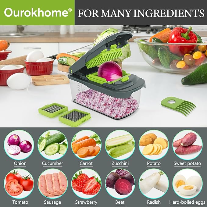 Ourokhome Vegetable Chopper Cutter with Container, Manual Hand Food Veggie Dicer with 2 Chopping Blades for Potato Strips, Onion Cubers, Carrot Sticks, Essential Kitchen Gadgets (2 in 1, Gray)